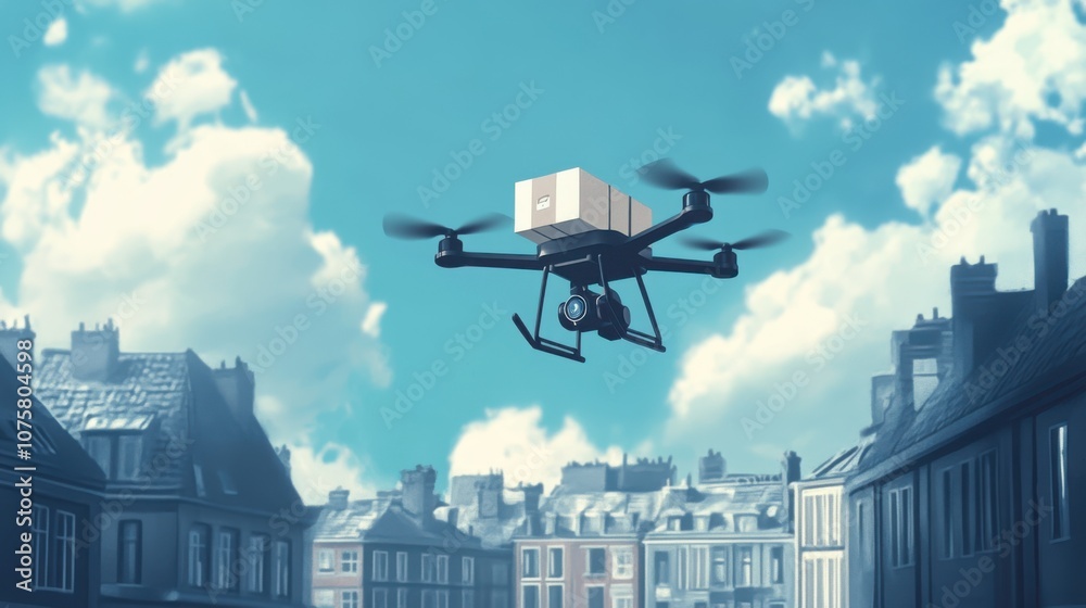 A flying drone delivering a package, hovering above A flying drone delivering a package, hovering above