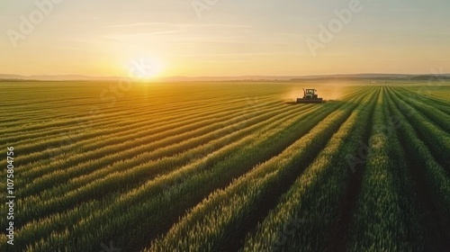 Wallpaper Mural Aerial view of a tractor working a field at sunrise. Torontodigital.ca