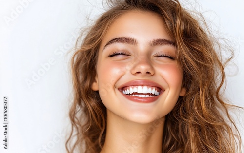 Close-up portrait of a beautiful young woman with long wavy hair and bright smile, looking up at the camera.