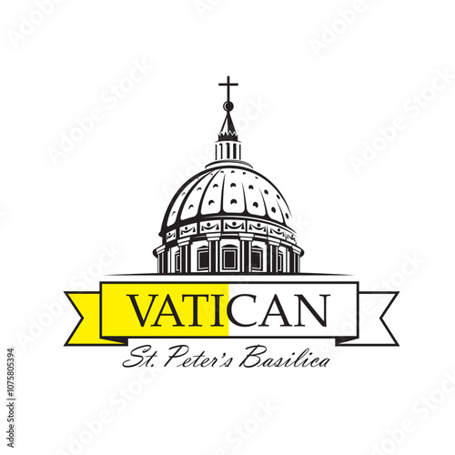 icon of Saint Peters Basilica at Vatican and flag isolated on white background