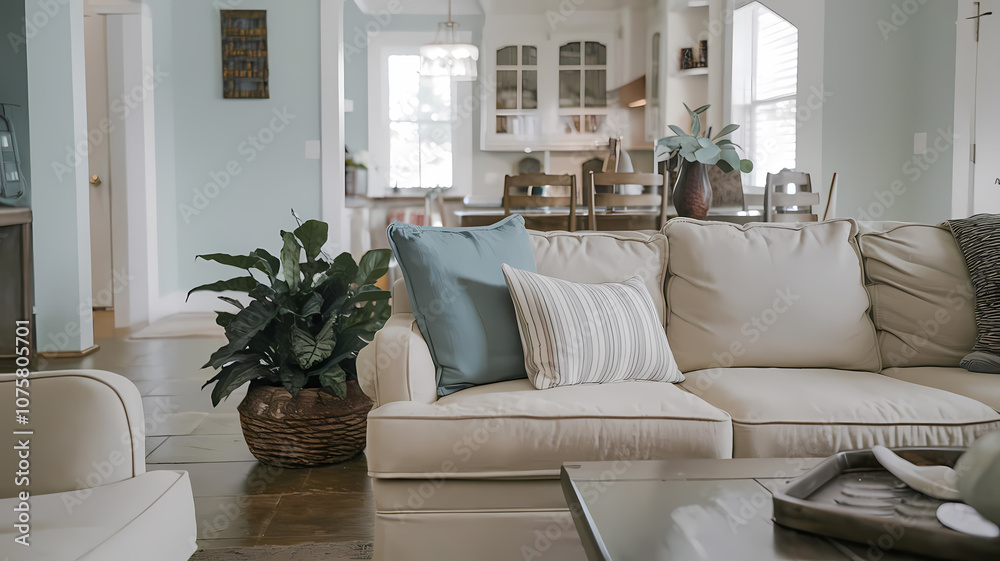 Fototapeta premium Cozy living room with a beige sofa, decorative pillows, and a green plant, featuring an open kitchen in the background.