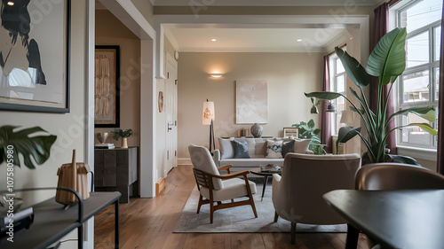 Modern living room design featuring cozy furniture, plants, and stylish decor, creating an inviting atmosphere.