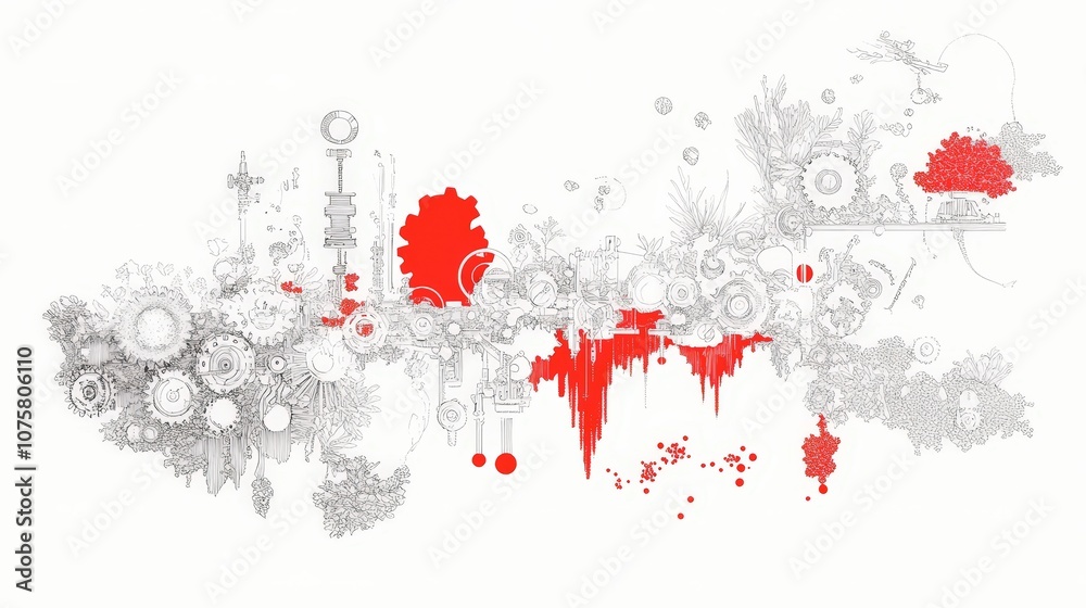 Abstract Illustration of Mechanical Elements and Organic Forms Blending Harmoniously in a Modern Design with Vibrant Red and Monochrome Detailing