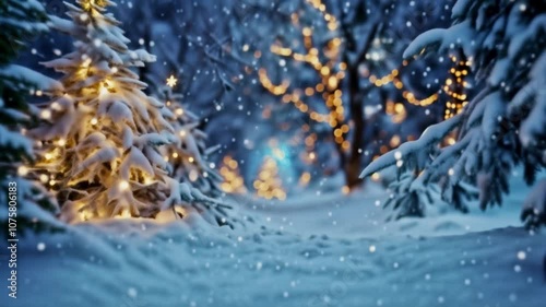 Beautiful Snowy Forest with Christmas Lights
