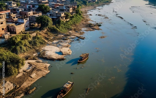 A serene river scene with boats and riverside houses, reflecting nature and urban life. photo