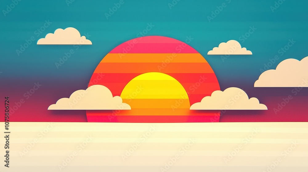 Obraz premium Colorful Sunset with Clouds Paper Cutout Style Illustration