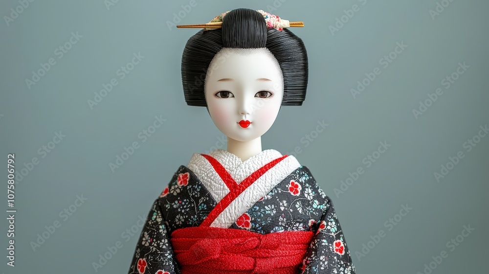 Japanese Doll in Kimono Traditional Geisha Doll Asian Culture Close Up Portrait Elegan Japanese Doll in Kimono Traditional Geisha Doll Asian Culture Close Up Portrait Elegan