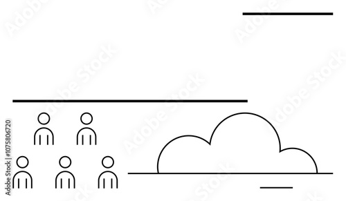 Simple line art features six people arranged in two rows of three, accompanied by a large cloud. Ideal for themes related to teamwork, community, social gathering, weather, organization, networking