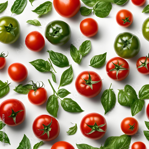 Red and green tomatoes on a white background