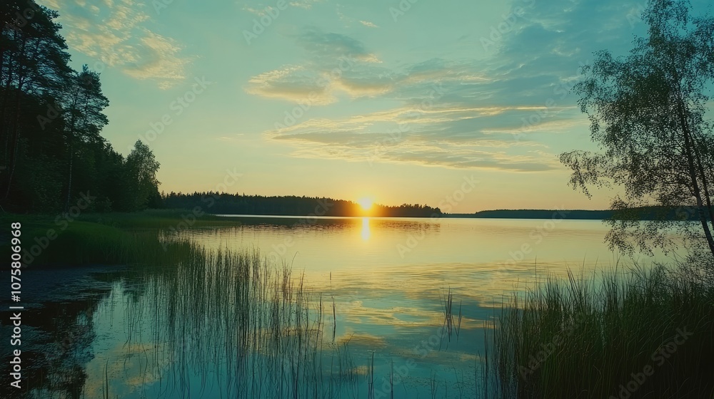 Obraz premium sunset at coast of the lake. Nature landscape.
