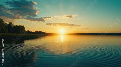 sunset at coast of the lake. Nature landscape.