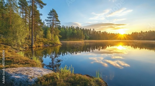sunset at coast of the lake. Nature landscape.