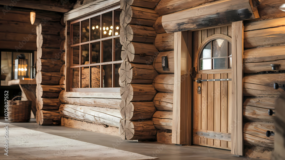Rustic wooden log cabin interior featuring a charming door and large window with warm lighting. Rustic wooden log cabin interior featuring a charming door and large window with warm lighting.