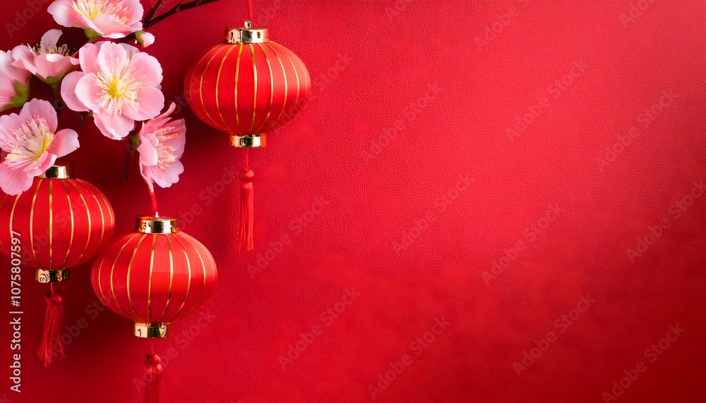 Chinese new year background, red Chinese lanterns and pink blossoms on red background, copy space for text Chinese new year background, red Chinese lanterns and pink blossoms on red background, copy space for text