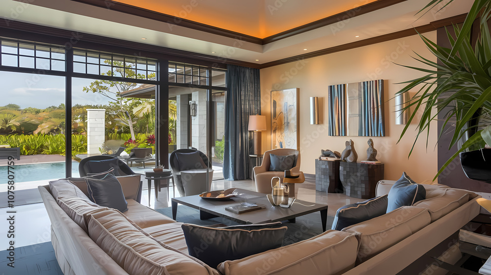 Stylish modern living room with large windows, comfortable furniture, and views of a lush garden and pool. Perfect for relaxation. Stylish modern living room with large windows, comfortable furniture, and views of a lush garden and pool. Perfect for relaxation.