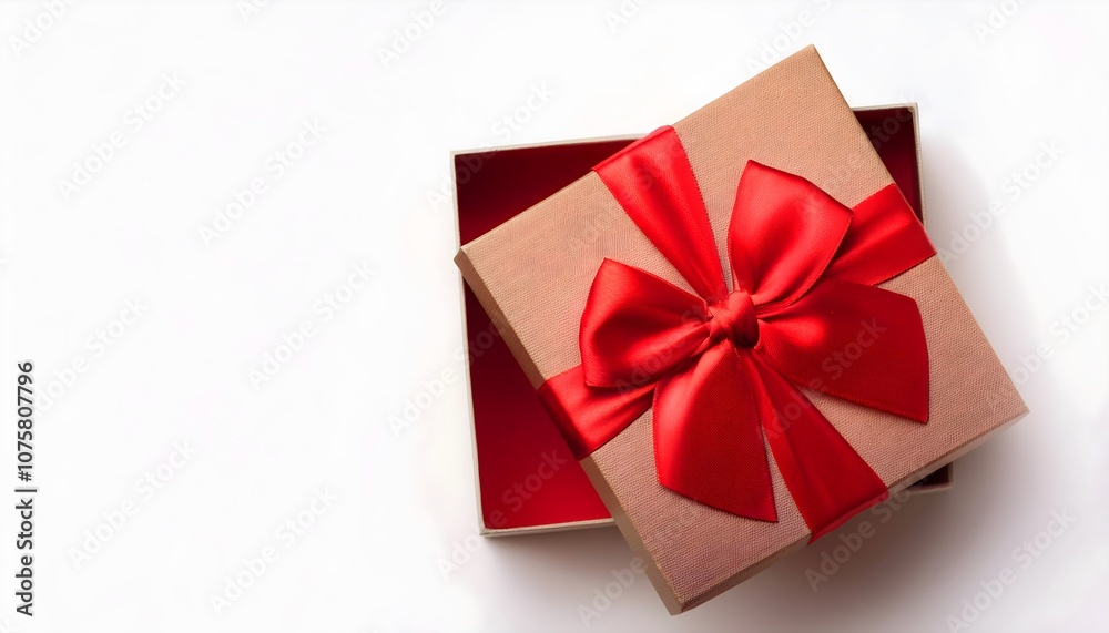 Open empty gift box with red ribbon bow on white background with bokeh, copy text space, flat lay, top view, Open empty gift box with red ribbon bow on white background with bokeh, copy text space, flat lay, top view,