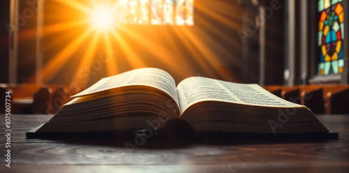 Open Holy bible book with glowing lights in church