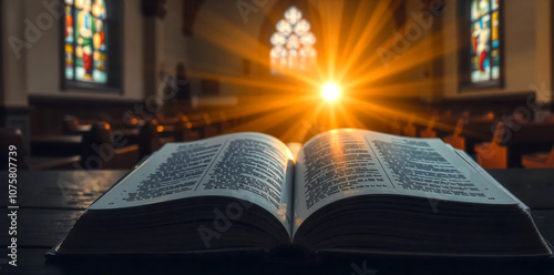 Open Holy bible book with glowing lights in church
