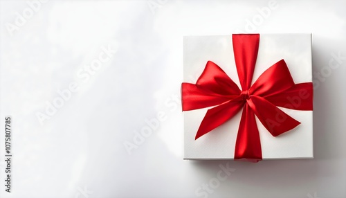 White gift box with red ribbon bow on white background with copy text space, flat lay, top view