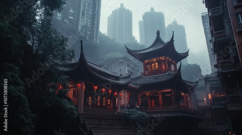 Ancient Chinese Temple Amidst Modern Skyscrapers photo