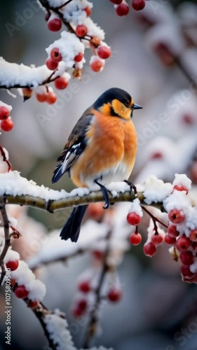 Finch Perched on Snow-Covered Branch with Red Berries in Winter

