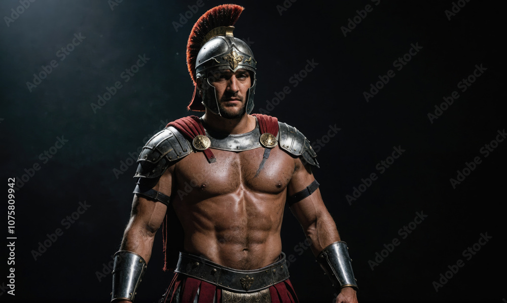 A muscular man wearing a Roman helmet and armor stands in front of a dark background A muscular man wearing a Roman helmet and armor stands in front of a dark background