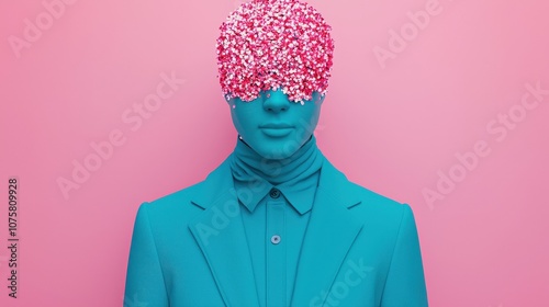 Fashionable Blue Suit with Floral Headpiece and Pink Background   Surreal Minimalist Portr photo