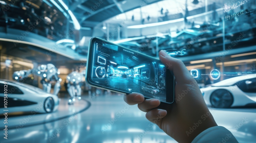 A portrait of a person holding a smartphone with holographic A portrait of a person holding a smartphone with holographic