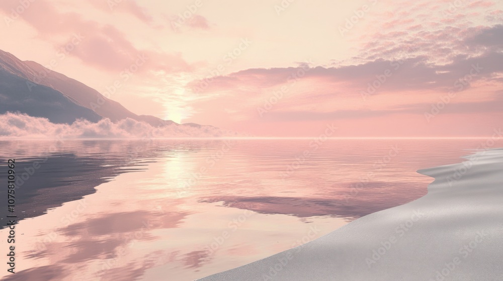 A serene beach scene at sunrise, with pastel pink A serene beach scene at sunrise, with pastel pink