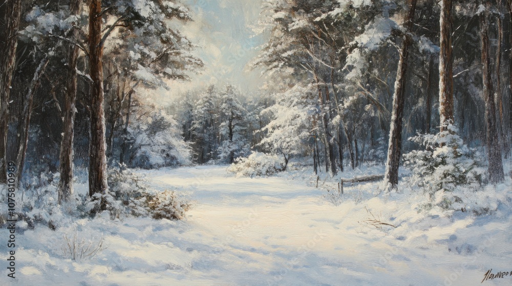 A serene snow-covered forest clearing, surrounded A serene snow-covered forest clearing, surrounded