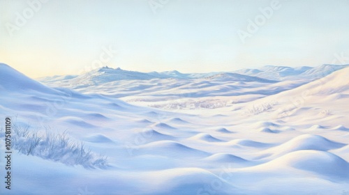 A serene snowy landscape with undisturbed snowdrifts