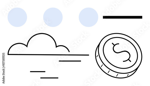 Cloud silhouette with three blue dots, a floating black line, and a coin with a dollar sign. Ideal for tech, finance, cloud storage, digital transactions, modern business app design marketing. Line