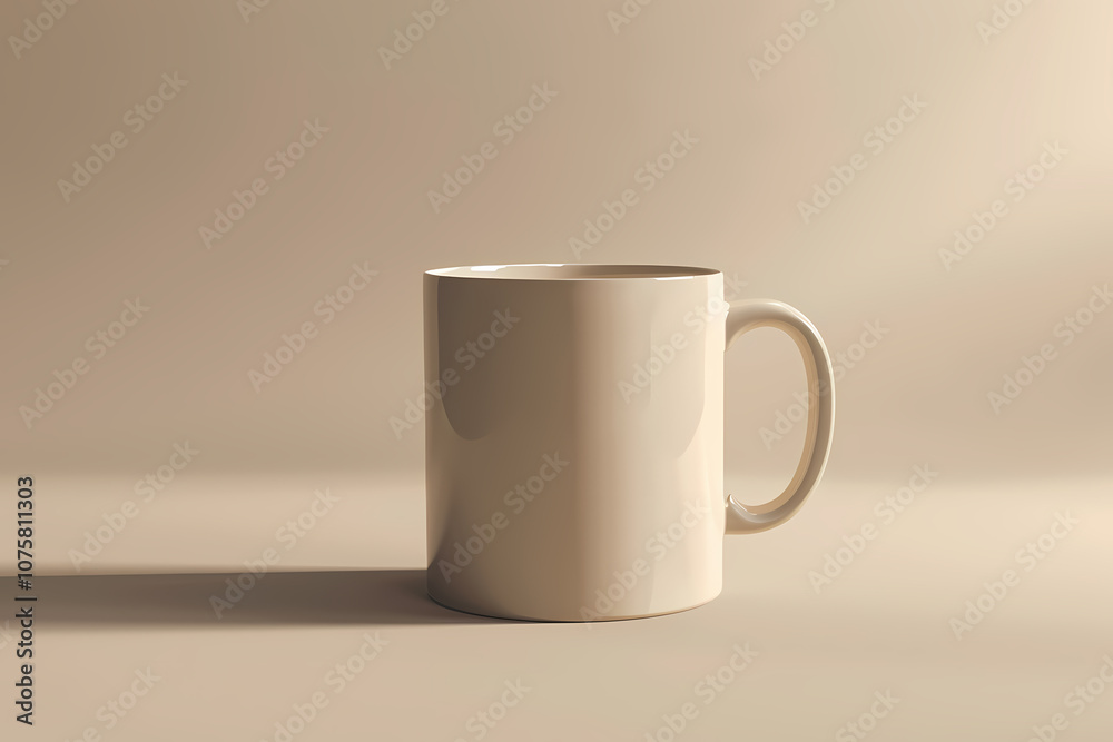 A simple, empty white ceramic mug sits on a light beige surface, beautifully illuminated, showcasing its smooth texture and minimalist design. A simple, empty white ceramic mug sits on a light beige surface, beautifully illuminated, showcasing its smooth texture and minimalist design.