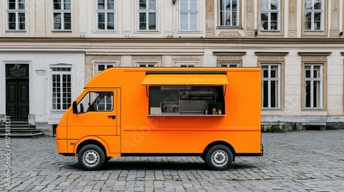 Orange Food Truck Parked in Front of City Building