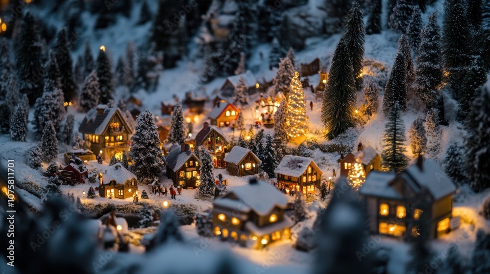 Obraz premium A small Christmas village at the foot of snowy mountains,