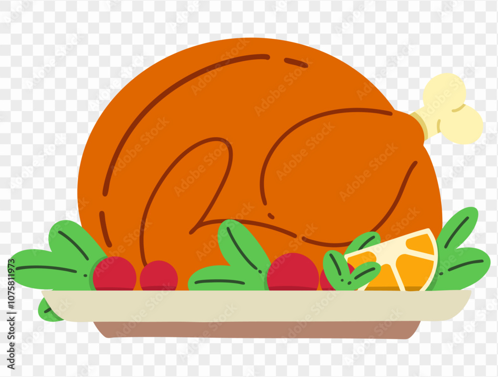 Thanksgiving roasted turkey illustration on a transparent background, featuring a simple and minimalist design with a garnish of fresh herbs, tomatoes, and an orange slice. Ideal for Thanksgiving them Thanksgiving roasted turkey illustration on a transparent background, featuring a simple and minimalist design with a garnish of fresh herbs, tomatoes, and an orange slice. Ideal for Thanksgiving them