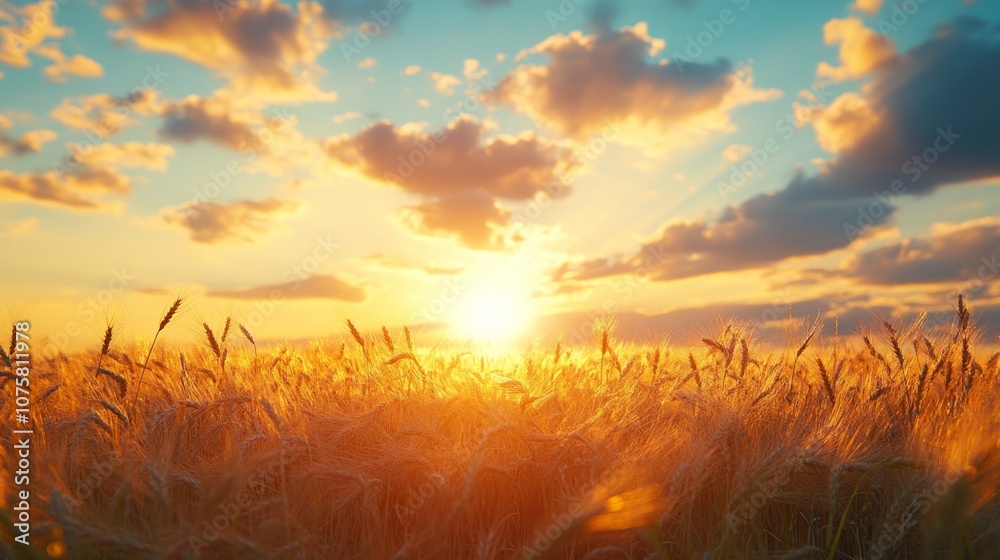 Golden wheat field bathed in the warm glow of the setting sun, with a dramatic sky of vibrant orange, pink and blue hues. Golden wheat field bathed in the warm glow of the setting sun, with a dramatic sky of vibrant orange, pink and blue hues.