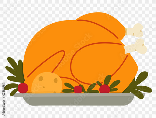 Thanksgiving roasted turkey illustration on a transparent background, featuring a simple and minimalist design with a garnish of fresh herbs, tomatoes, and an orange slice. Ideal for Thanksgiving them