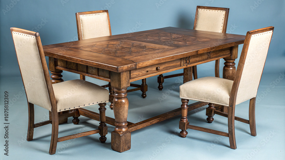 Classic Wooden Dining Table with Upholstered Chairs