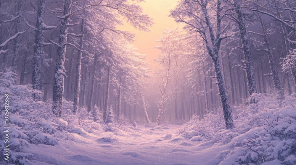 Naklejka premium A snow-covered forest at dawn, with the first light of day