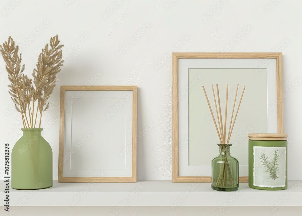 Two empty picture frames on a shelf with a candle. a glass jar. and green plants in glass bottles Two empty picture frames on a shelf with a candle. a glass jar. and green plants in glass bottles