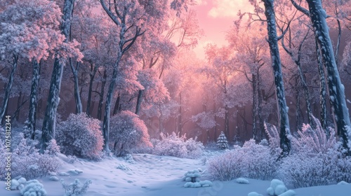 A snow-covered forest at dawn, with the first light of day