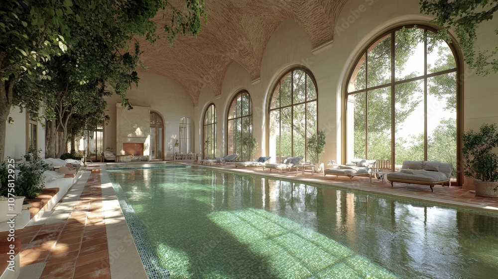 Fototapeta premium Indoor Pool with Green Water and Terracotta Tiles in Luxurious Villa