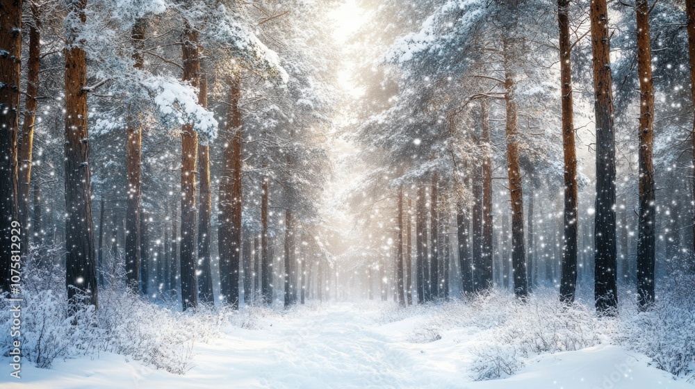 Naklejka premium A snowy forest scene with tall evergreens, their branches