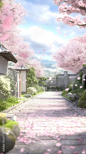 A serene pathway through a traditional Japanese village, lined with blooming cherry trees, with soft pink petals falling in the gentle breeze.