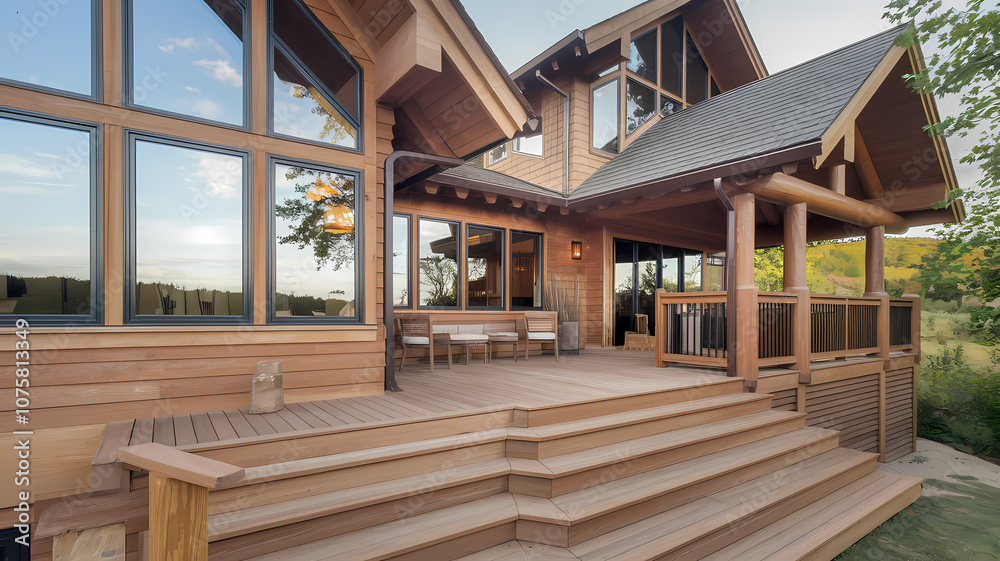 Cozy wooden home exterior with large windows and an inviting porch, surrounded by greenery and a clear blue sky. Perfect for relaxation.