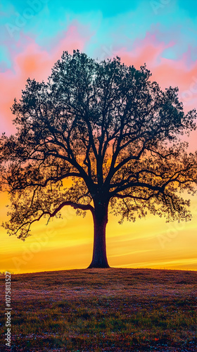 A single tree silhouette stands tall against a vibrant sunset sky, with the warm hues of orange, yellow, pink, and blue reflecting off the grass.