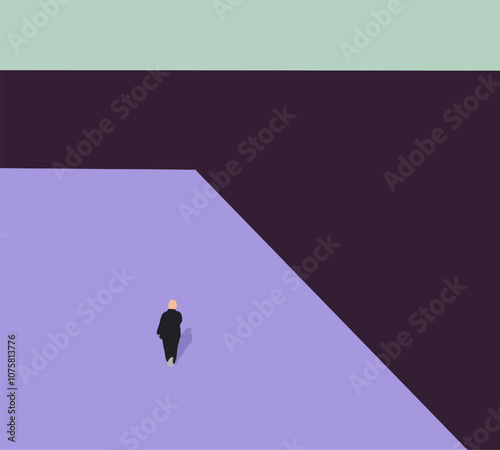 Man in black suit walking on purple street going to work. Architecture exterior building. Minimal art design.