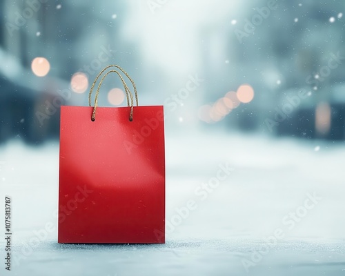 A vibrant red shopping bag stands out against a snowy backdrop, capturing the essence of winter shopping adventures.