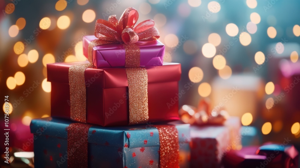 A stack of colorfully wrapped gift boxes with sparkling